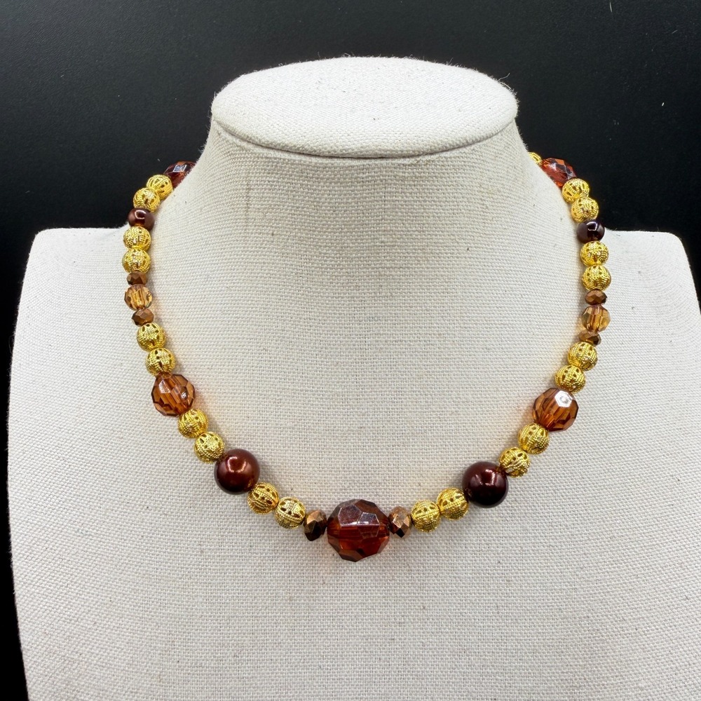 Gold & Amber Tone Crystal Brown Beaded Necklace Filigree Statement Vintage Gift